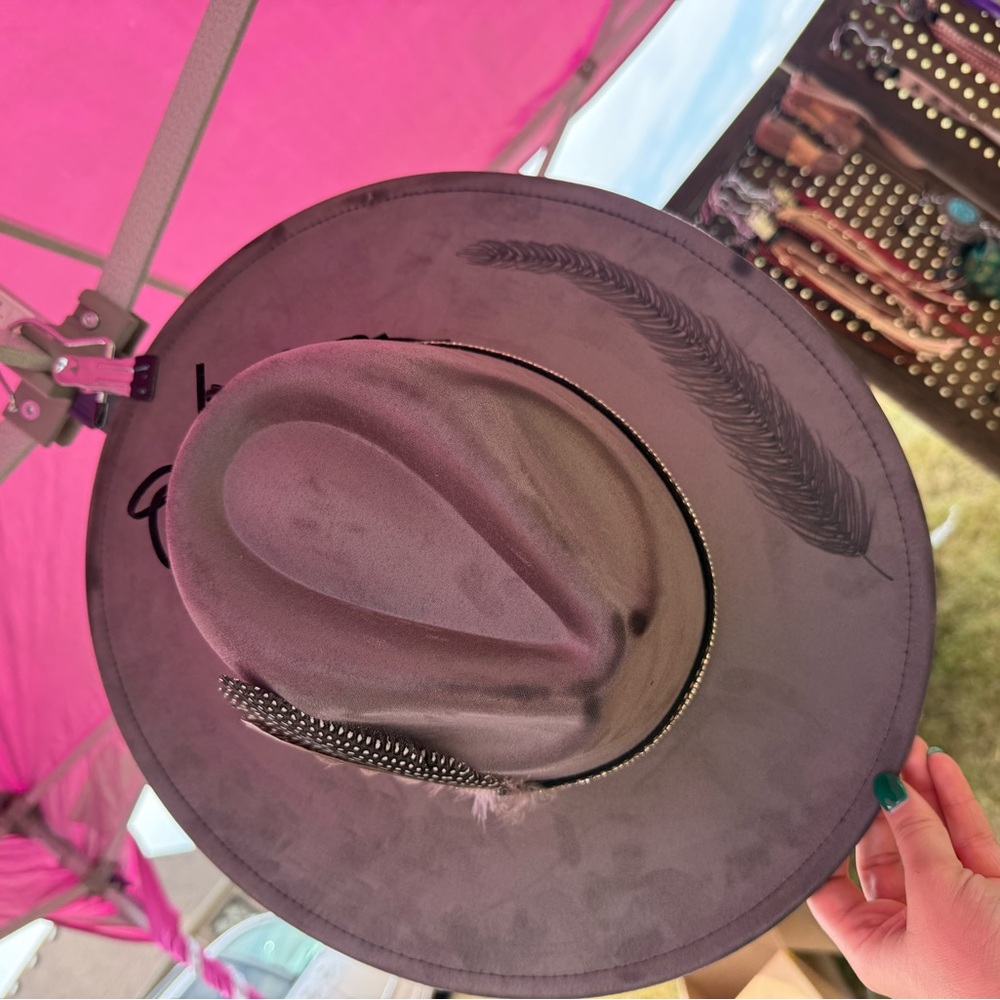 Gray Hat with burned Feather Accent